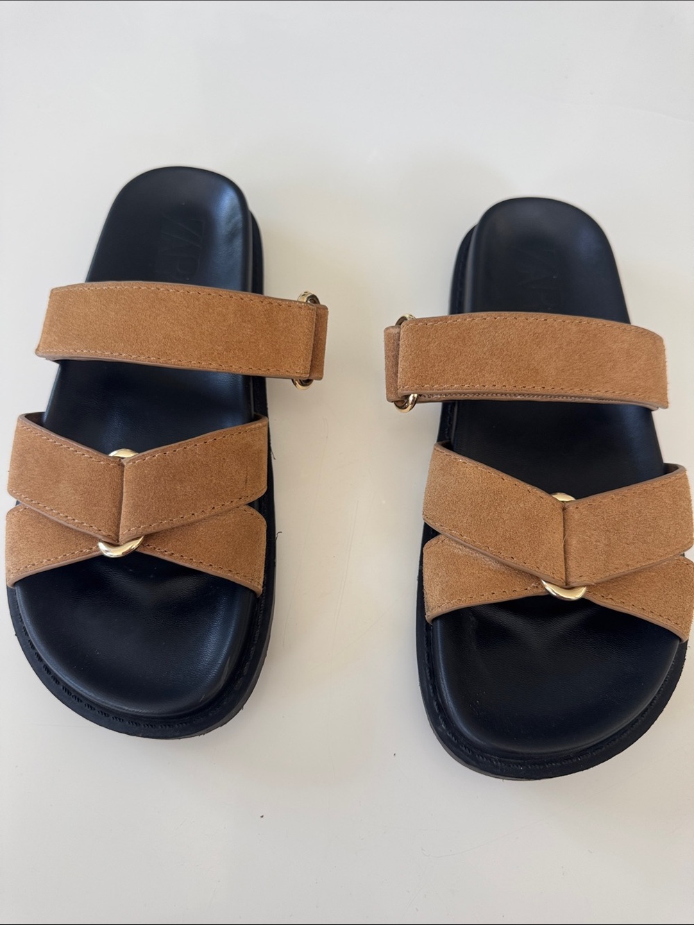 Zara Tan Suede Double-Strap Slide Sandals with Gold Accent-size 39